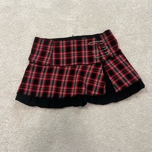 Red Plaid Mini Skirt with Black Layered Hem